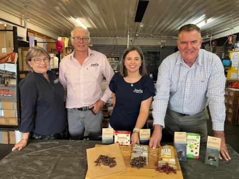 Jim's Jerky founders Cathie and Jim Tanner with daughter Emily Pullen, and Minister Furner